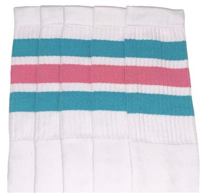 skatersocks Knee high White tube socks with Aqua/BubbleGum stripes