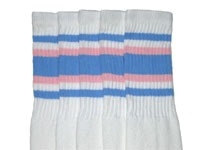 skatersocks Knee high White tube socks with Baby Blue-Baby Pink stripes