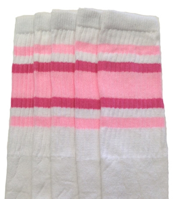 skatersocks Knee high White tube socks with Baby Pink-BubbleGum Pink stripes