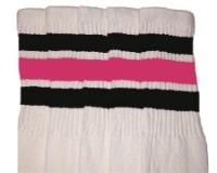 skatersocks Knee high White tube socks with Black-BubbleGum Pink stripes