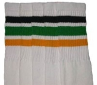 skatersocks Knee high White tube socks with Black-Green-Gold stripes