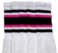 skatersocks Knee high White tube socks with Black-Hot Pink stripes