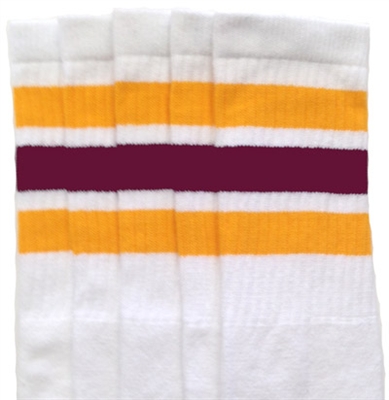skatersocks Knee high White tube socks with Gold-Maroon stripes