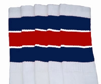skatersocks Knee high White tube socks with Navy Blue-Red stripes