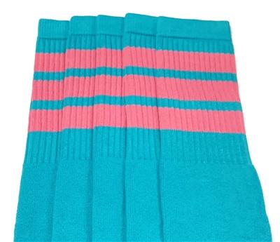 skatersocks Mid calf AQUA tube sock with BUBBLEGUM PINK stripes