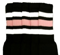 skatersocks Mid calf Black tube socks with White-Baby Pink stripes