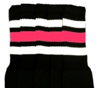 skatersocks Mid calf Black tube socks with White-BubbleGum Pink stripes