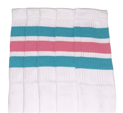 skatersocks Mid calf WHITE tube sock with Aqua/BubbleGum Pink stripes