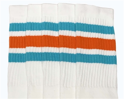 skatersocks Mid calf White tube socks with Aqua-Orange stripes