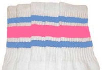 skatersocks Mid calf White tube socks with Baby Blue-BubbleGum Pink stripes