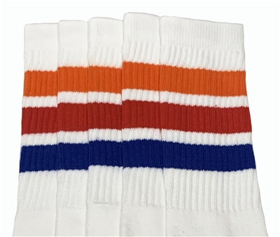 skatersocks Mid calf White tube socks with Orange-Red-Royal Blue stripes