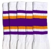 skatersocks Mid calf White tube socks with Purple-Gold stripes