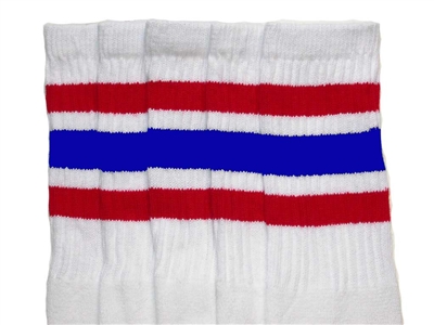 skatersocks Mid calf White tube socks with Red-Royal Blue stripes