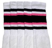 skatersocks Over the Knee White tube socks with Black-BubbleGum Pink stripes