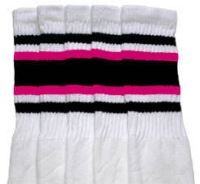 skatersocks Over the Knee White tube socks with Black-Hot Pink stripes