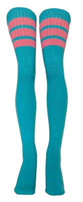 skatersocks Thigh high Aqua tube socks with BubbleGum Pink stripes