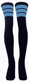 skatersocks Thigh high Black tube socks with Baby Blue stripes