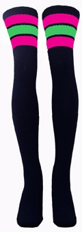 skatersocks Thigh high Black tube socks with Hot Pink-Neon Green stripes