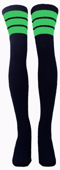 skatersocks Thigh high Black tube socks with Neon Green stripes
