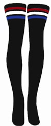 skatersocks Thigh high Black tube socks with Red-White-BLUE stripes