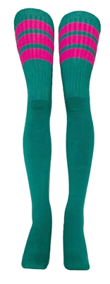 skatersocks Thigh high Teal tube socks with Hot Pink stripes