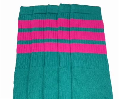 skatersocks Thigh high Teal tube socks with Hot Pink stripes