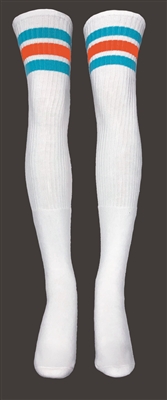 skatersocks Thigh high White tube socks with Aqua-Orange stripes