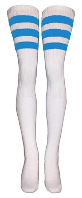 skatersocks Thigh high White tube socks with Baby Blue stripes