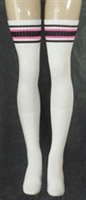 skatersocks Thigh high White tube socks with Black-BubbleGum Pink stripes