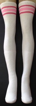 skatersocks Thigh high White tube socks with BubbleGum Pink-Baby Pink stripes