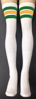 skatersocks Thigh high White tube socks with Green - Gold stripes