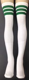 skatersocks Thigh high White tube socks with Green stripes