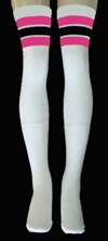 skatersocks Thigh high White tube socks with Hot Pink-Black stripes