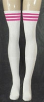 skatersocks Thigh high White tube socks with Hot Pink stripes