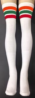 skatersocks Thigh high White tube socks with Orange Green and Red stripes