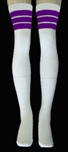 skatersocks Thigh high White tube socks with Purple stripes