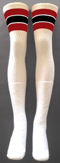 skatersocks Thigh high White tube socks with Red-Black stripes
