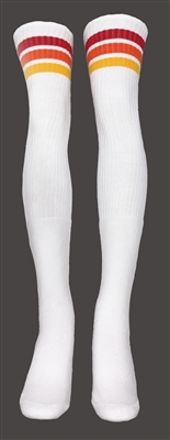 skatersocks Thigh high White tube socks with Red-Orange-Gold stripes