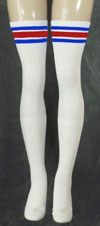 skatersocks Thigh high White tube socks with Royal Blue-Red stripes
