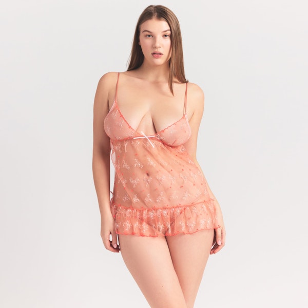 Skims EMBROIDERED TULLE MINI SLIP DRESS AND TANGA SET