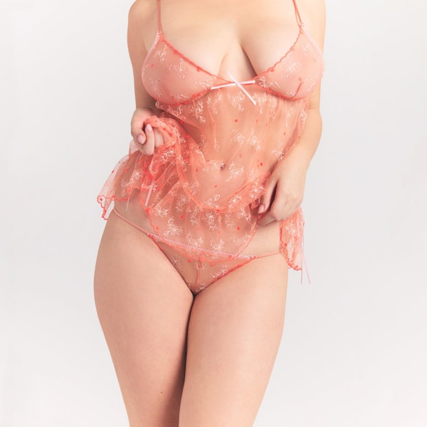 Skims EMBROIDERED TULLE MINI SLIP DRESS AND TANGA SET