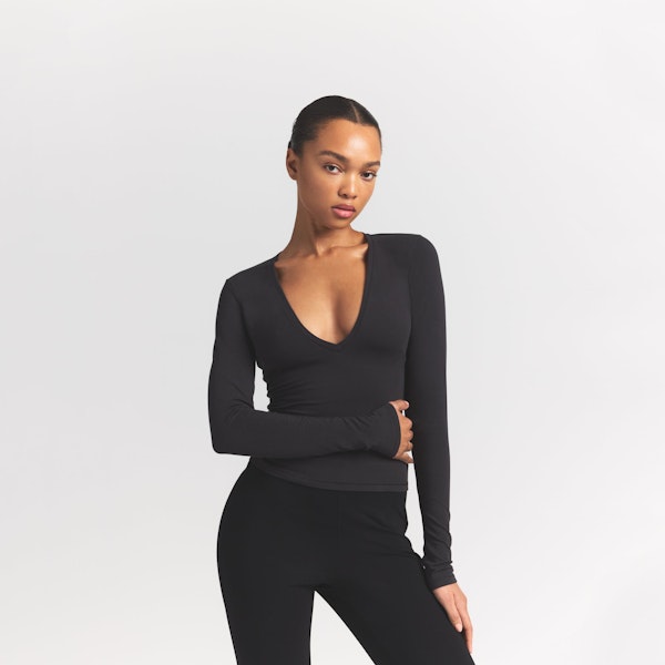 Skims COTTON JERSEY LONG SLEEVE PLUNGE TOP