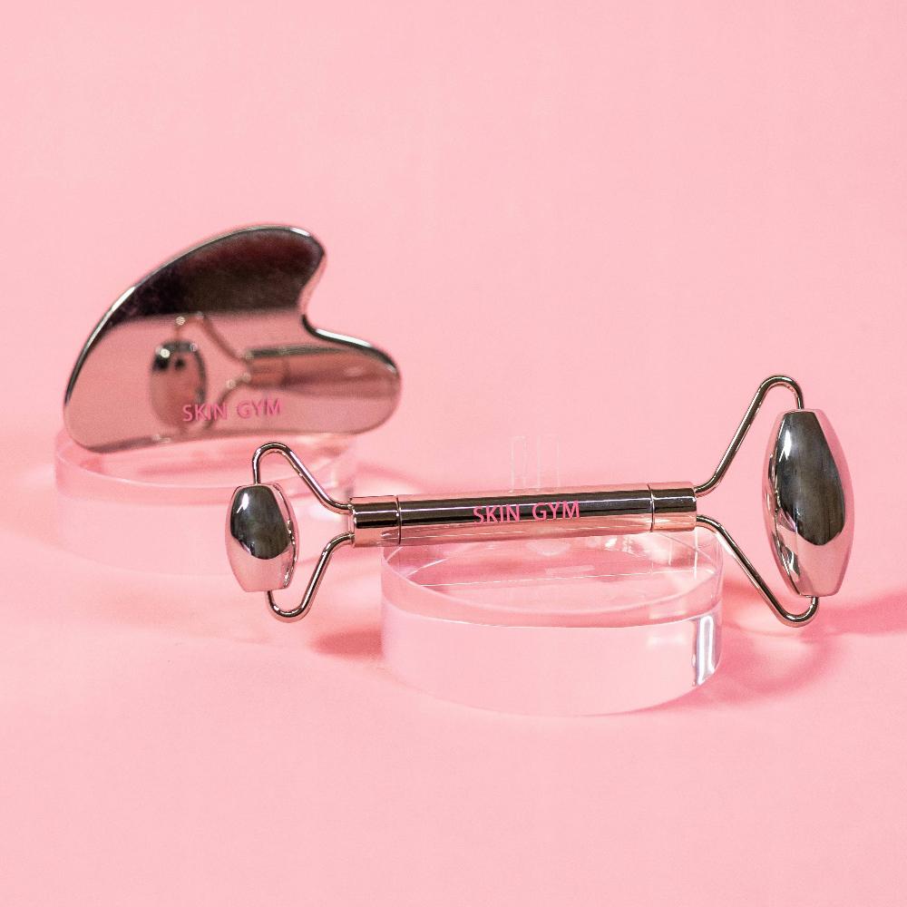 Skin Camp Cryo Stainless Steel Facial Roller & Gua Sha Set