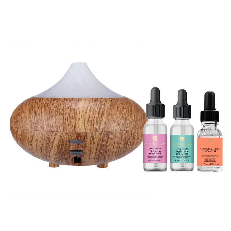 skin chemist Wooden Aroma Diffuser + Oils Kit: Geranium English Pear Nectarine &