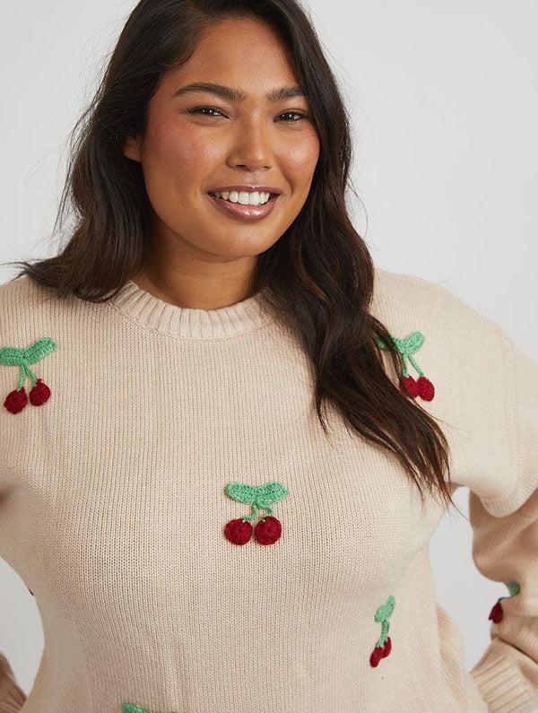 Skinnydip London Applique Crochet Cherry Knitted Jumper In Cream