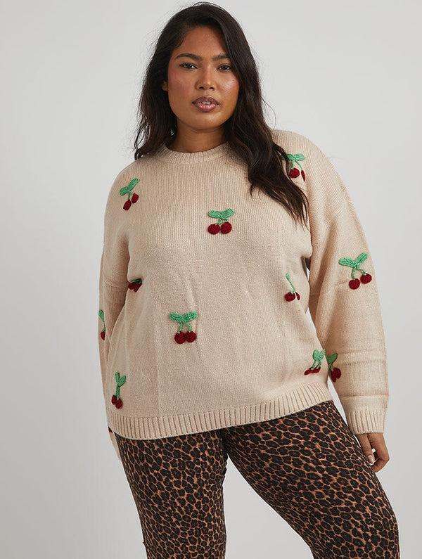 Skinnydip London Applique Crochet Cherry Knitted Jumper in Cream