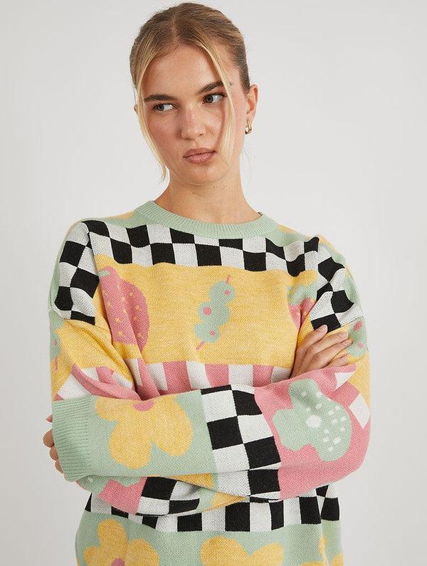 Skinnydip London Checkerboard Strawberry And Olive Knitted Jumper