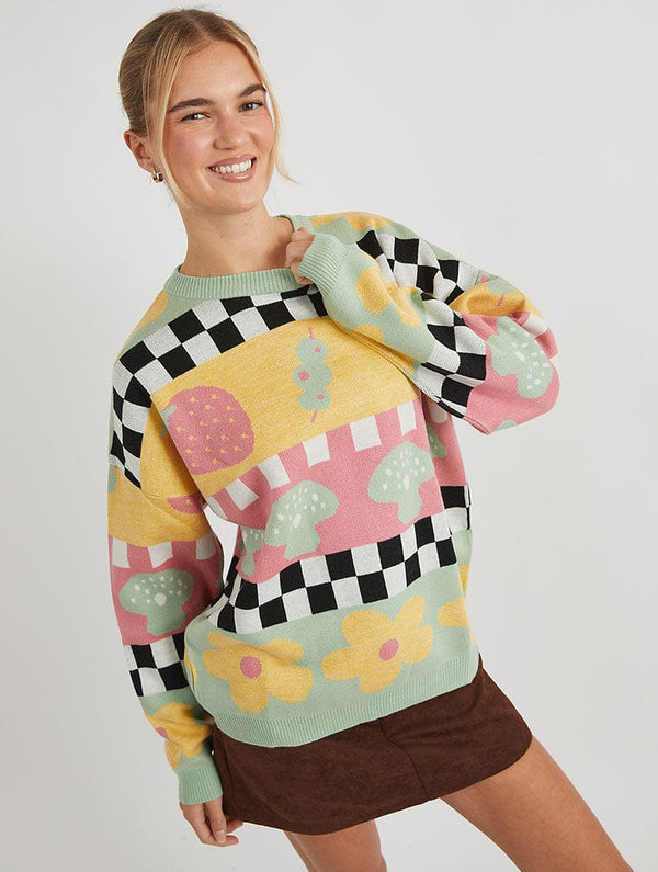 Skinnydip London Checkerboard Strawberry and Olive Knitted Jumper