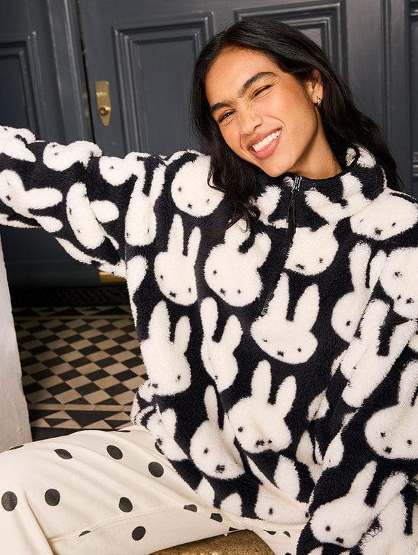 Skinnydip London Miffy x Skinnydip Repeat Print Longline Fleece in Black and White