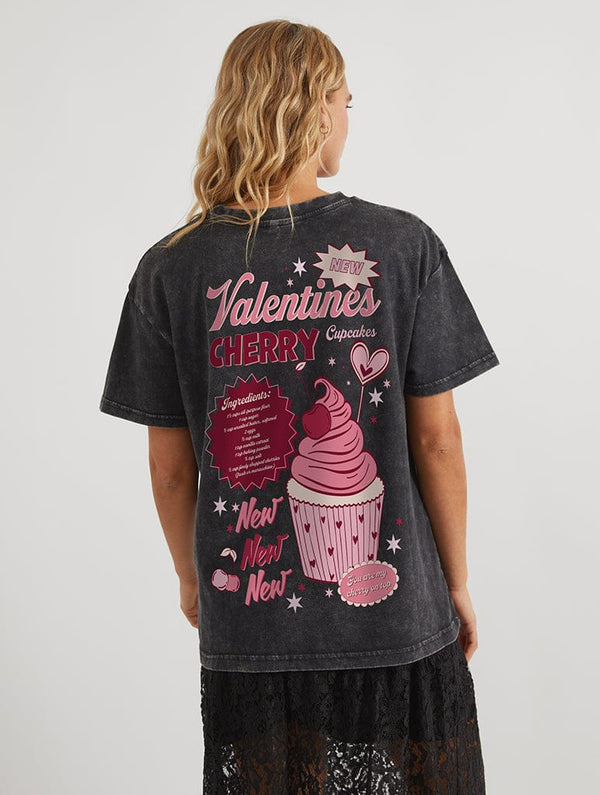 Skinnydip London Valentine's Cherry Cupcake T-Shirt In Acid Wash